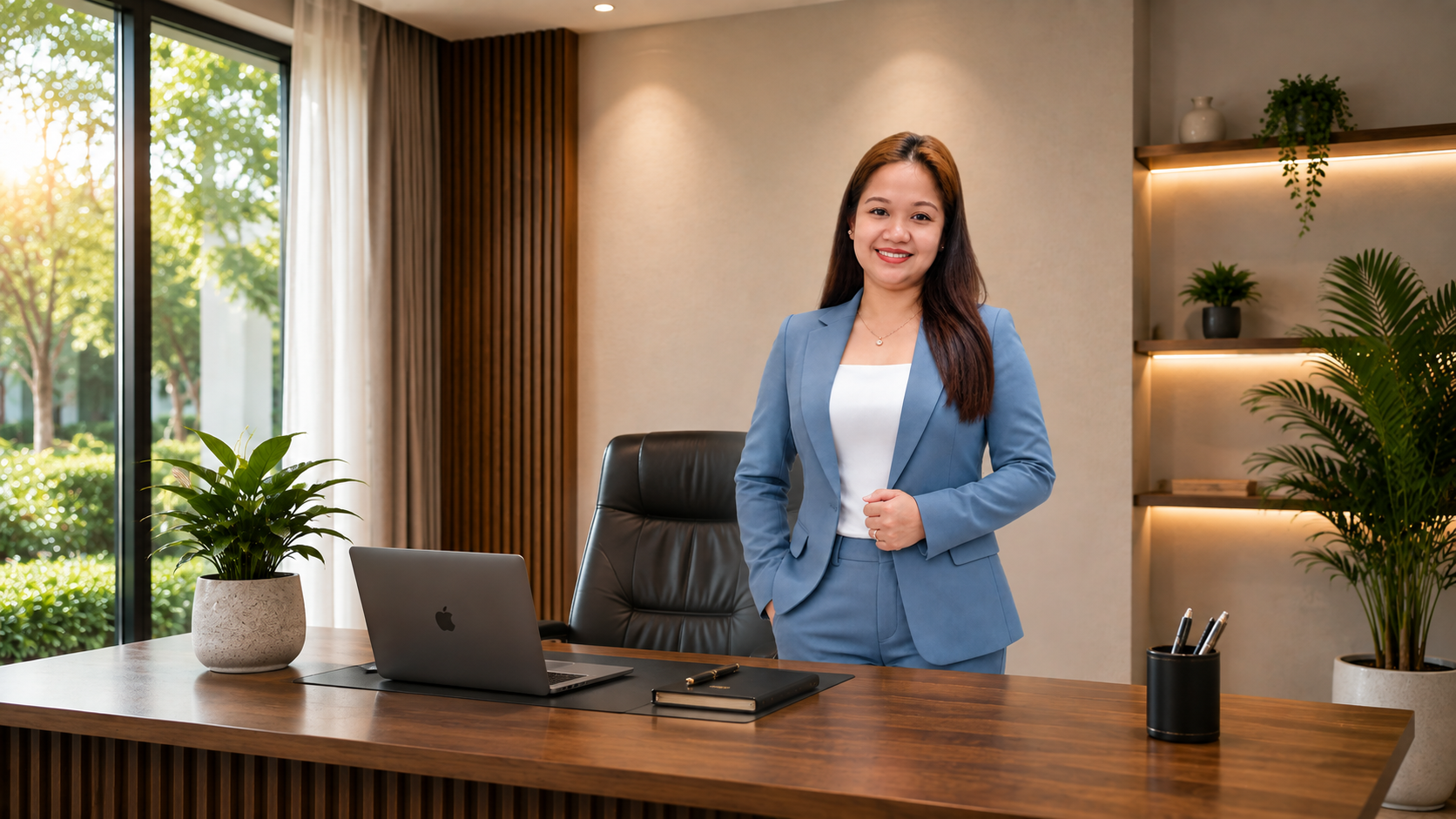 Rose Ann Landayan standing behind her office desk