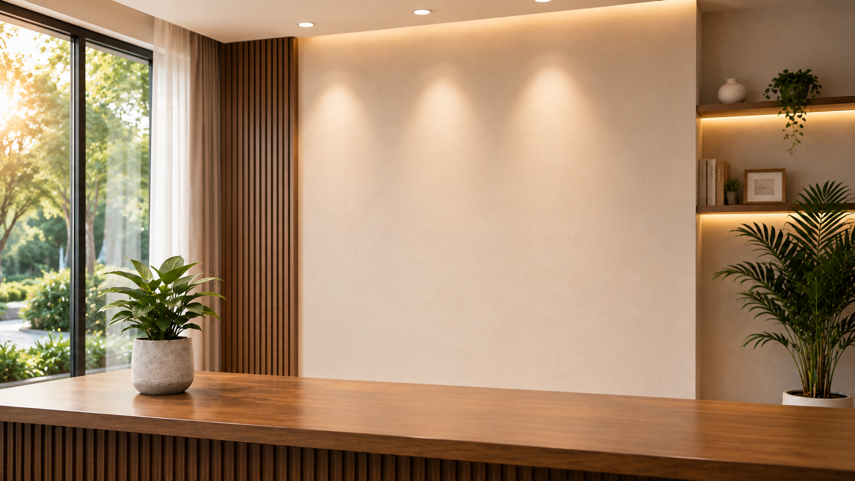 A warm, softly lit reception office with a wooden desk, plants and an open wall